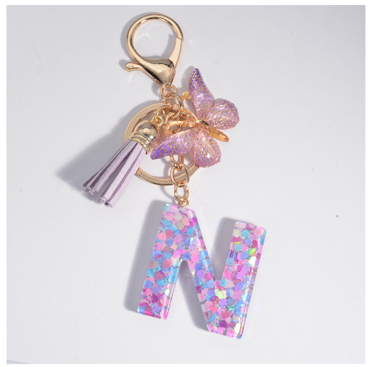 Sweet Heart Sequin Filled A-Z Letter Keychains With Tassel Fashion Butterfly 26 Alphabet Keyring Car Keyholder Birthday Gifts N