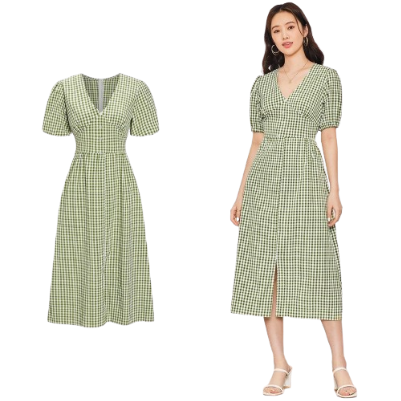 Lovito Women Casual Gingham Button Split Back Dress L65ED119 (Light Green)