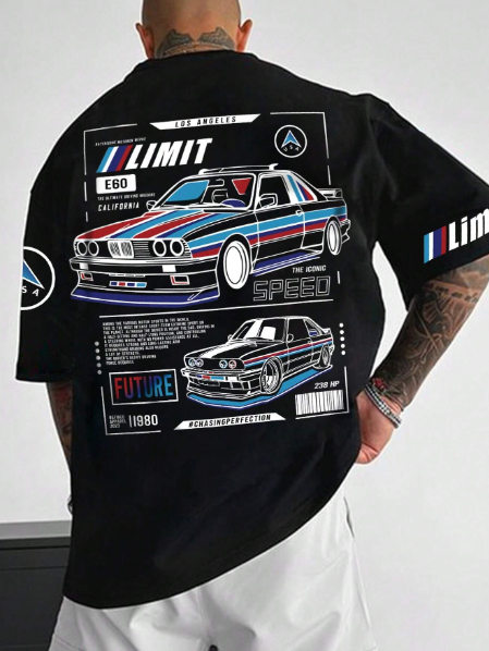 Manfinity Dauomo Men's Plus Size Summer Casual Car Slogan Printed Oversized Drop Shoulder T-Shirt