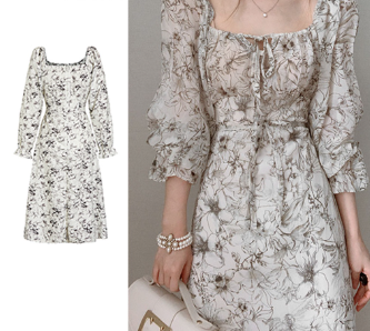 Lovito Women Casual Floral Lace Up Ruffle Dress L71ED161 Black and White