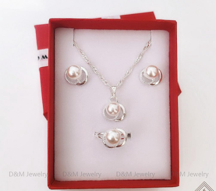 D&M Jewelry 925 Silver Pearl Jewelry Set Necklace Earrings Ring For Women Adjustable Ring