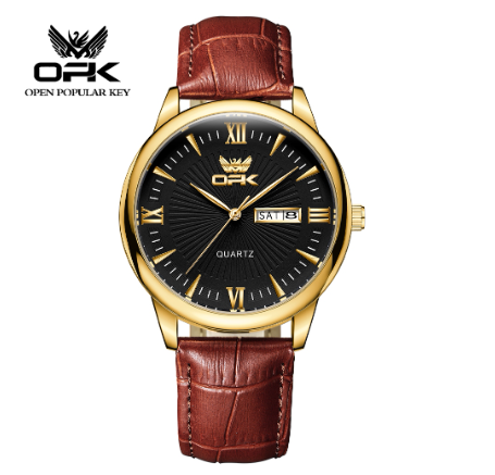 OPK Men's Watch Waterproof Original Quartz Calendar Belt Watch BLACK DIAL BROWN LEATHER STRAP