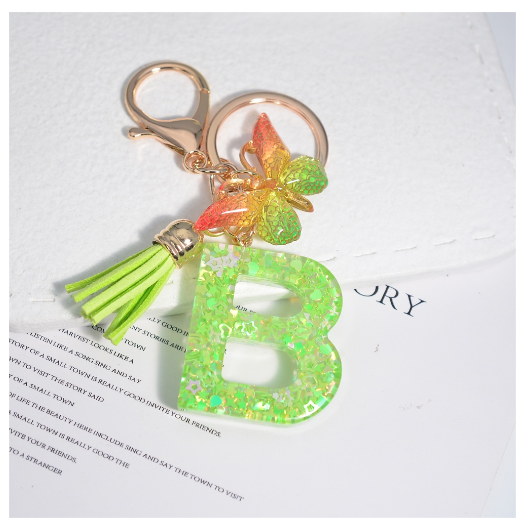 Glitter Green 26 Letter Resin Keychain Fashion Sequin Filled A-Z Alphabet Keyrings For Women Car Key Holder Accessories Souvenir B