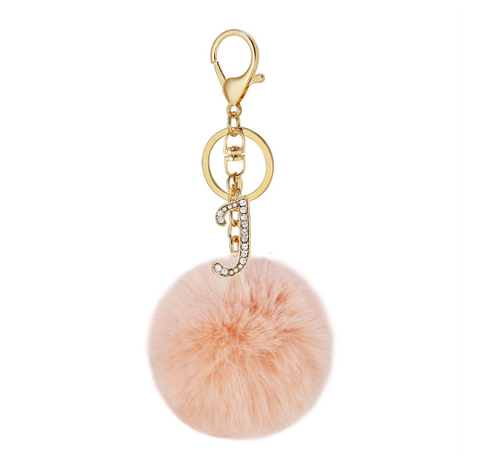 New 26 Letter Rhinestone Alloy Keychain Charm Girls Pink Pompom Key Ring Car Key Holder Women Bag Ornaments Accessories J
