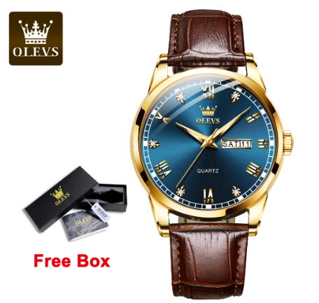Olevs Watch For Men Waterproof Leather Strap Original Fashion Quartz Luminous Business Calendar Men's Watches BLUE DIAL GOLD CASE BROWN LEATHER STRAP