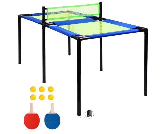 59.9 x 30 x 30.2 Inch Trampoline Ping Pong Table, Portable Ping Pong Table for Kids and Adults, Foldable Tennis Game Table for Indoor or Outdoor Use with 2 Paddles, 6 Balls, and Table