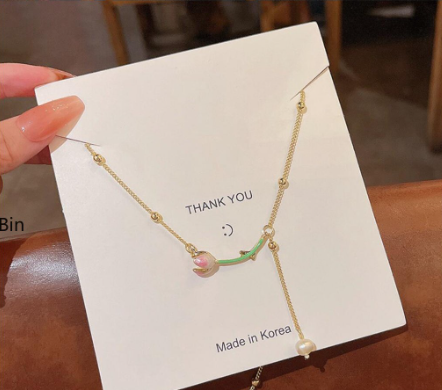 Women Temperament Tulip Flower Pearl Tassel Necklace