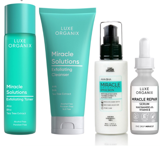 Luxe Organix Miracle Solutions Gel Cleanser 120mL, Emulsion 80mL, Toner 150mL, & Serum 30mL Bundle