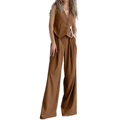 Lovito Women Casual Striped Button Front Pants Sets LNL37099 (Brown)