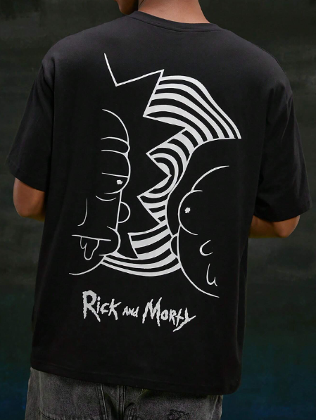 Rick and Morty X SHEIN Men Loose Fit Graphic Short Sleeve Tee, Knitted Cartoon Character Design, Black