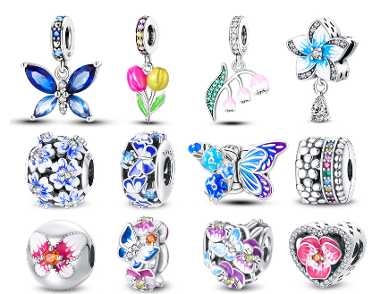 925 Sterling Silver Butterfly Flower Blue Zircon Charms Beads