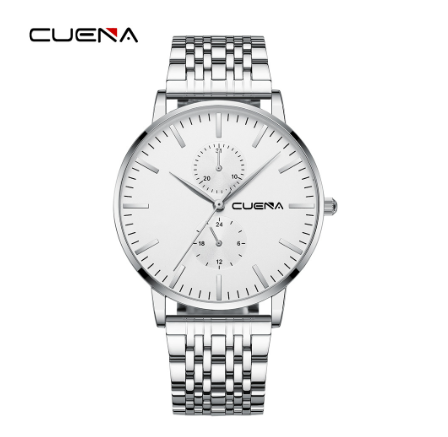 CUENA Original Brand New Men's Watch Fashion Business Luxury Automatic Calendar Sports Stainless Steel Wrist Strap Waterproof  Watch SILVER WHITE