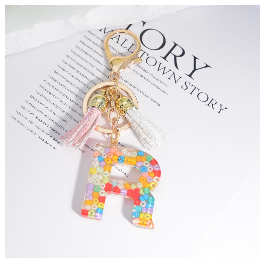 Colorful Beades Filled A-Z 26 Letter Keychains For Women Fashion Initials Keyring With Tassel Bag Pendant Accessories Souvenir R