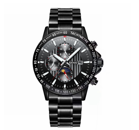 SENO Quartz Watch For Men Luminous Pointer Waterproof Wristwatch 42mm Big Dial Watches BLACK STEEL
