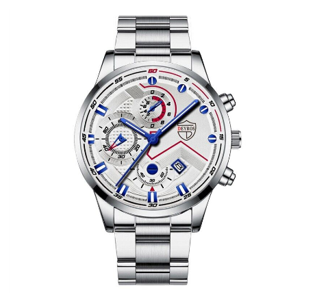 Chrono Mens Watches Quartz Business Wacthes Men Stainless Steel Three Eyes Sports Waterproof Wristwatch SILVER BLUE