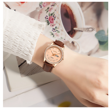 SENO Women's Watches Casual Stainless Steel Alloy Quartz Waterproof Ladies Wristwatches Luxury Elegant Rhinestone Full Diamond Female Watch GOLD LEATHER