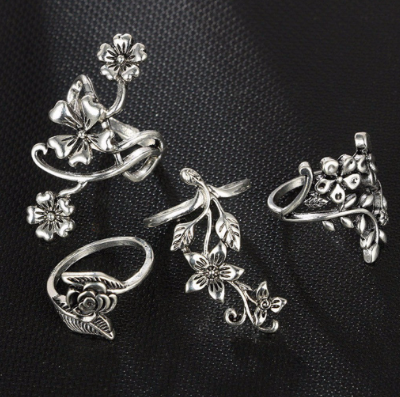 4Pcs/Set Retro Vintage Women Bohemian Flower Leaves Midi Finger Knuckle Rings