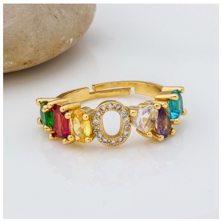 Hot Sale Adjustable A-Z 26 Initial Ring Bohemian Copper Zircon Rainbow Letter Rings for Women Girls Jewelry O
