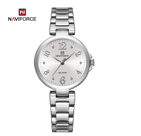 Naviforce Ladies Top Brand Fashion Quartz Stainless Steel Waterproof Analog Date Clock SILVER WHITE