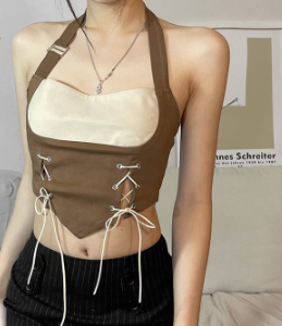 Women Fashion Streets Color Block Backless Halter Slim Cropped Tank