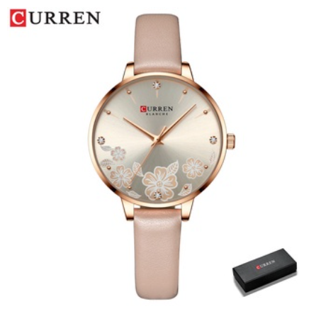 Curren Women's Leather Quartz Wristwatch With Flowers Charming 9068 PINK