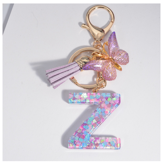 Sweet Heart Sequin Filled A-Z Letter Keychains With Tassel Fashion Butterfly 26 Alphabet Keyring Car Keyholder Birthday Gifts Z