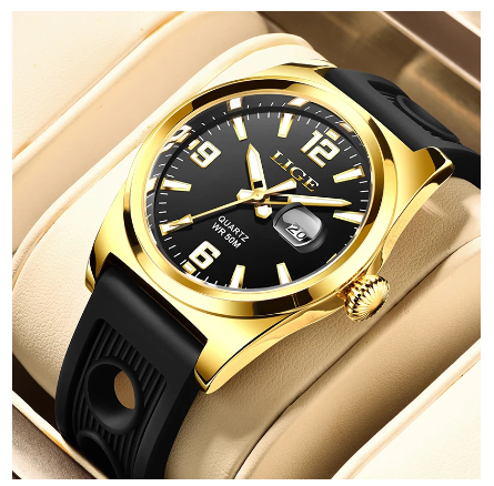 LIGE Official Waterproof Quartz Watch Men Military Casual Fashion Sport Silicone Luminous Wristwatch Date Calendar Watches GOLD BLACK