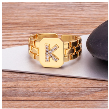 New Arrival Fashion Gold Color Initial Ring Open Design Adjustable Hot Sale A-Z Letters Zircon Rings For Women K