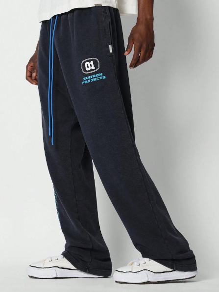 SUMWON Straight Fit Drop Crotch Washed Jogger With Front Graphic Print & Contrast Drawcord