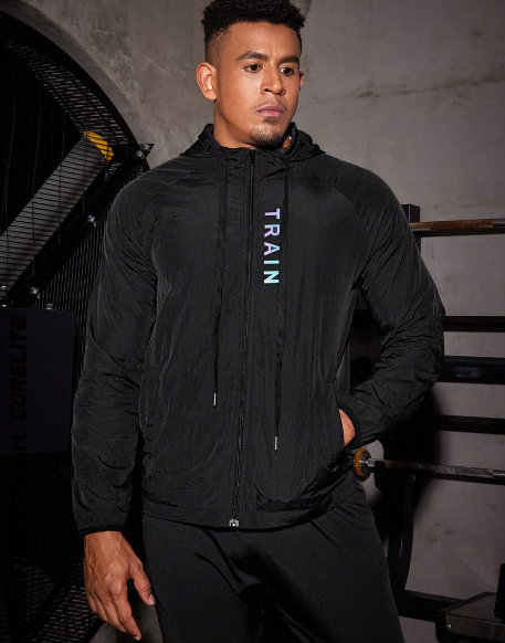 Manfinity Sport Corelite Men's Letter Printed Drawstring Hooded Sports Jacket Workout Tops