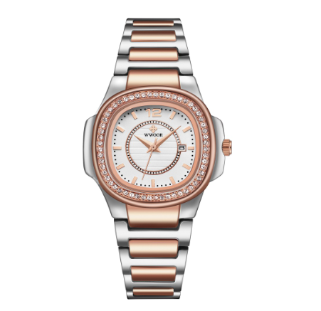 Wwoor Top Brand Luxury Women Watches Gold Watch Stainless Steel Square Waterproof Ladies WHITE DIAL TWO TONE ROSEGOLD