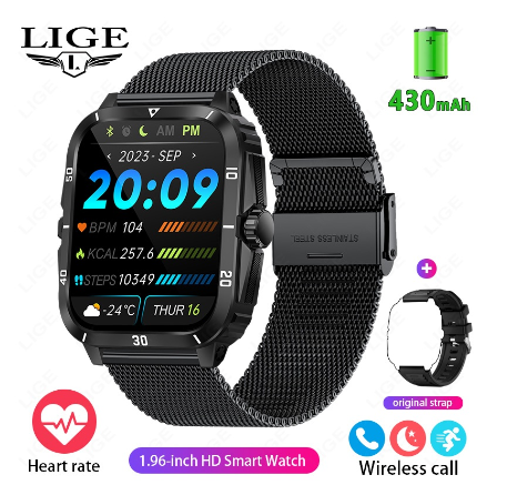 LIGE Original Smart Watch Men Full Touch HD Screen 600mAh Large Capacity Battery 100+ Sports Fitness WristWatch IP67 Waterproof Watch MESH BLACK