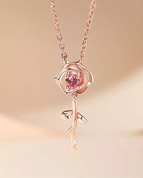 18k Gold Pink Rose Crystal Pendant Necklace Couture Jewelry Accessories