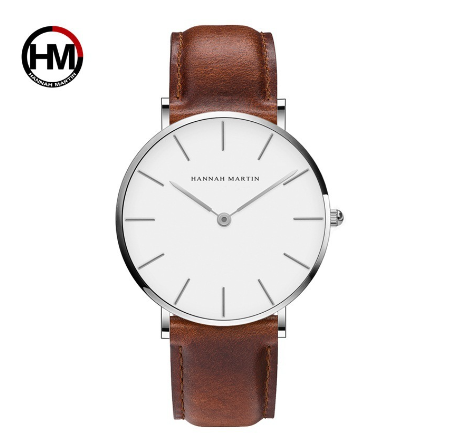 Hannah Martin Casual Watch Men Sports Quartz Wristwatch Waterproof Leather Wrist Watch BROWN SILVER WHITE