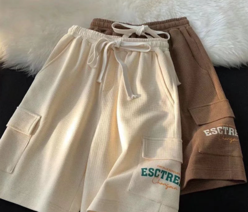 Korean Style Waffle Pocket Letter Printed Drawstring Straight Shorts For Men Summer All Match Casual Loose Trendy Fashion Student Teens Wide Leg Five Point Shorts Mens