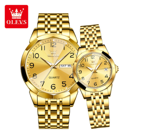 Olevs Couple Watch Original Waterproof Stainless Steel Strap Quartz Analog Watch for Couples Business Luminous Calendar Fashion Digital Man Women Watch ALL GOLD