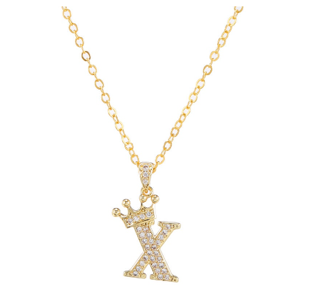 Luxury Crystal Zircon Alphabet Pendant Necklaces for Women Men Gold Crown Initial Letter Necklace X