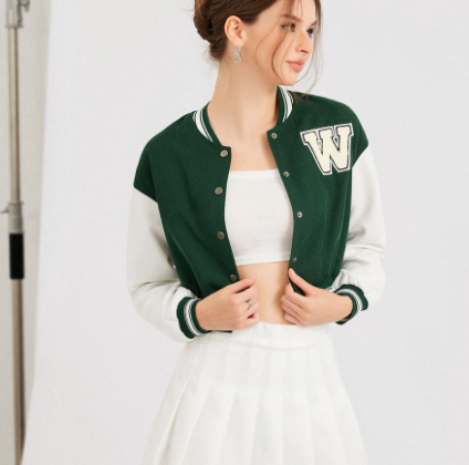 Super Warm Casual Plain Colorblock Letter Of The Alphabet Jacket (Green)