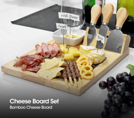 SLIQUE Bamboo Cheese Board and Stainless Steel Cutlery [Set of 10]
