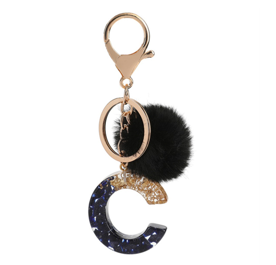 New Black Pompom 26 English Alphabet Resin With Gold Foil Keychain Charms Exquisite Letter Keyring C