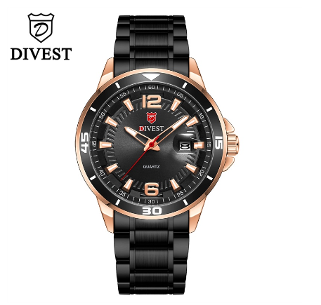 DIVEST Brand Luxury Mens Watches Fashion Waterproof Quartz Casual Male Military Original Calendar Men's Watches 9025 ROSEGOLD BLACK