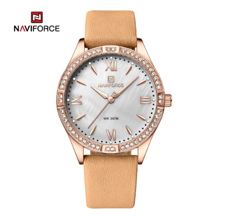 Naviforce NF5038 Women Luxury Brand Fashion Ladies Quartz Diamond Simple Rose Gold Wrist Watch BROWN