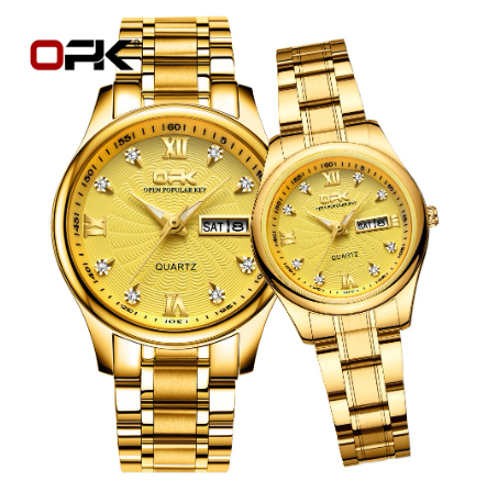 OPK Couple Watch Waterproof Authentic Quartz Calendar Luminous Stainless Steel Original Watch ALL GOLD