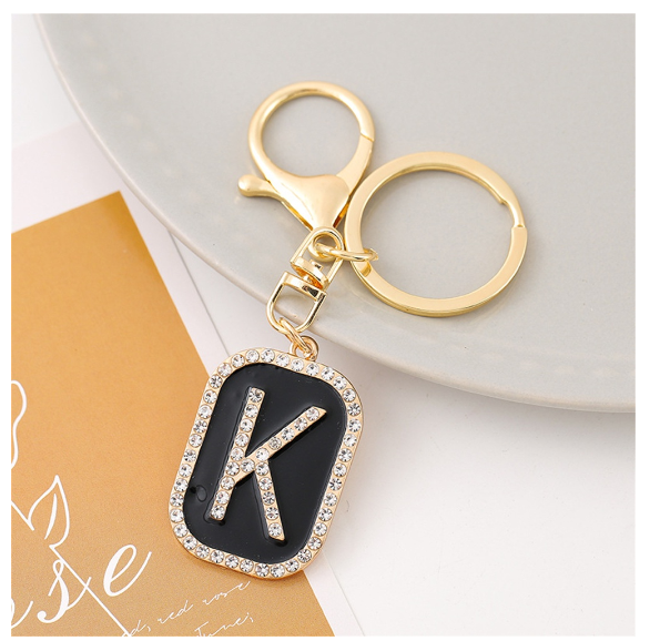 Exquisite Rhinestone 26 Letter Keychain Simple Black Enamel Initials Keyrings For Women Bag Pendant Ornament Car Keyholder Gifts K