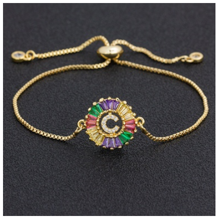 New Fashion A-Z Initial Colorful Cubic Zircon Letter Bracelets Adjustable Chain Rainbow Jewelry C