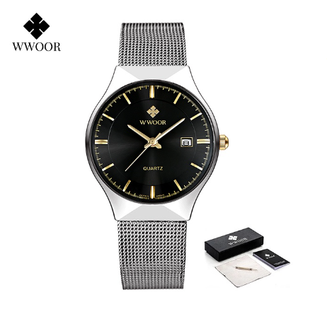 Wwoor Luxury Ultra Thin Men Quartz Wristwatch Waterproof Casual Sports Mesh Steel Gold Automatic Date Watch BLACK DIAL SILVER CASE STRAP