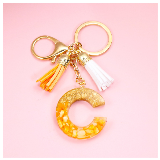 Tassel Gold Foil A-Z 26 Letter Pendent Keychain for Women Orange Resin Keyrings Girls Bag Ornamant Accessories Charms Gifts C