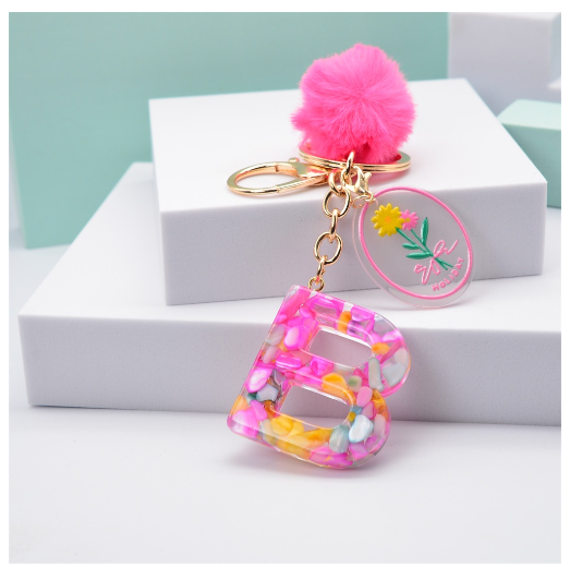 Fashion 26 Letter Keychain A-Z Initial Resin Keyring With Pink Pompom Flower Acrylic Tag Alphabet Key Chain Bag Pendant Gifts B