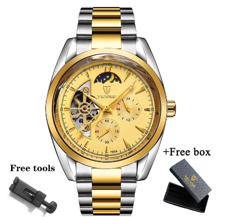 TEVISE Watch for men Automatic analog Skeleton Gold Luxury Stainless Steel Strap Waterproof Tourbillon 795A 2