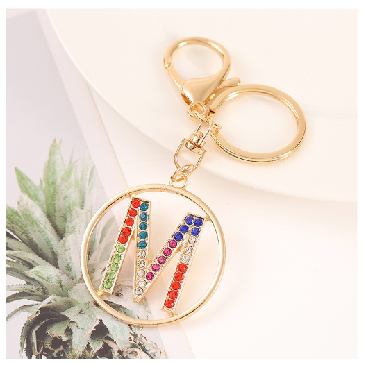 Colorful Rhinestone A-Z Letter Keychain Hollow Round Initials Alloy Keyring Bag Pendant Ornament DIY Accessories Charms Gift M